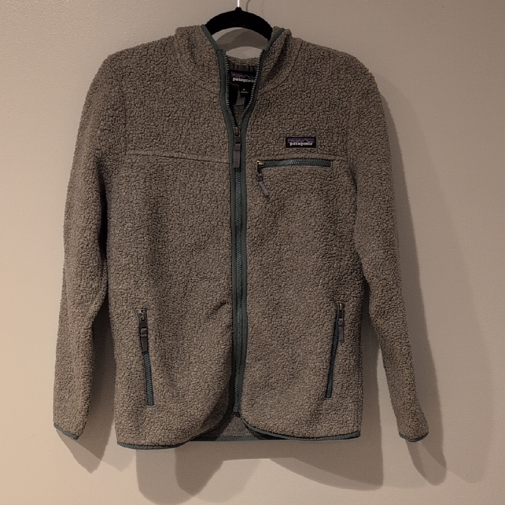 Patagonia Retro Pile Hoodie Size Medium In Grey With Teal